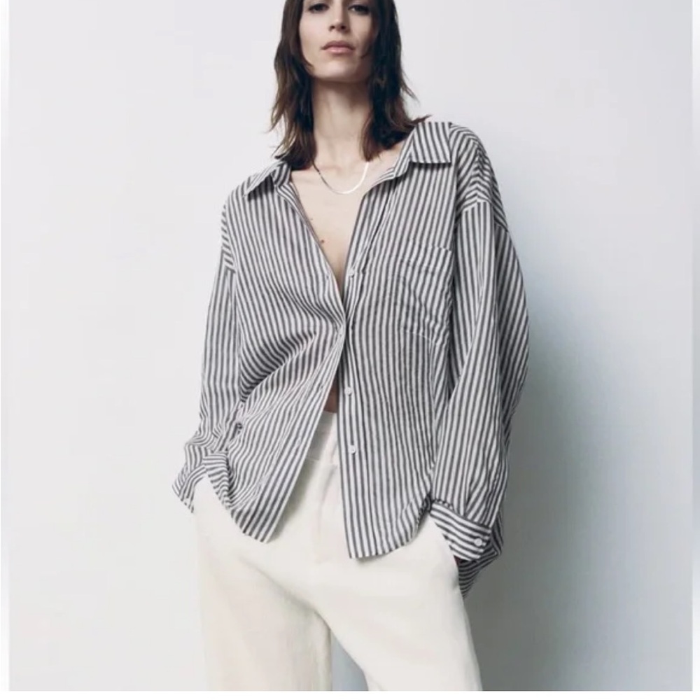 Zara Grey and White Striped Button-Down Shirt
